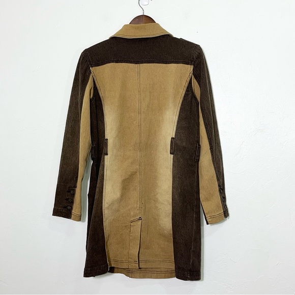 Vintage 90s Two Tone Denim Trench Coat Colorblock Boho Indie Longline Jacket - Picture 10 of 10